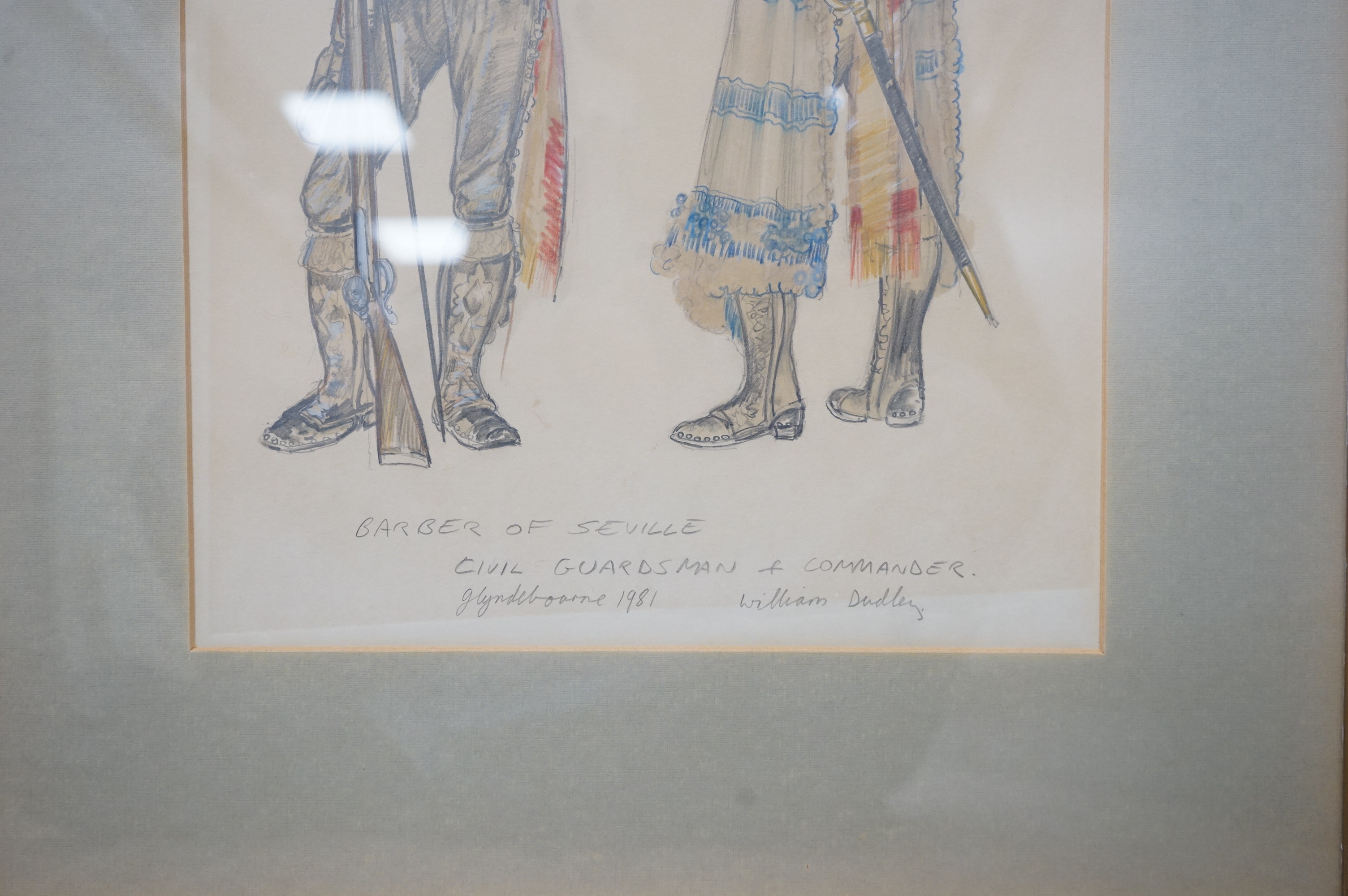 William Dudley, mixed media, Theatrical costume design for the Barber of Seville, Glyndebourne, 1981, inscribed and signed in pencil, 39 x 27cm